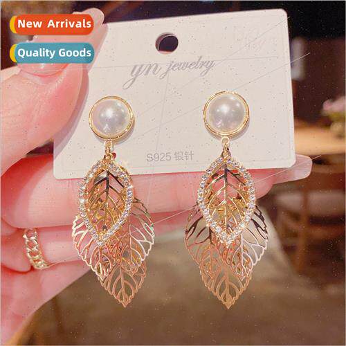 2021 summer new tide pearl zirconia leaves tassel earrings s