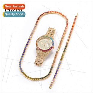 Hip hop alloy colorful diamond watch threepcs ins bracelet n