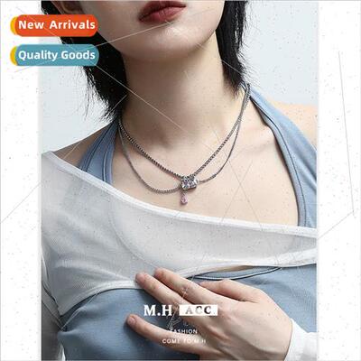 Pink square diamond double layer necklace female pendant col