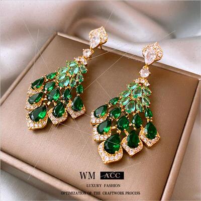 925 silver needle zirconia rhombus feather earrings Korea in
