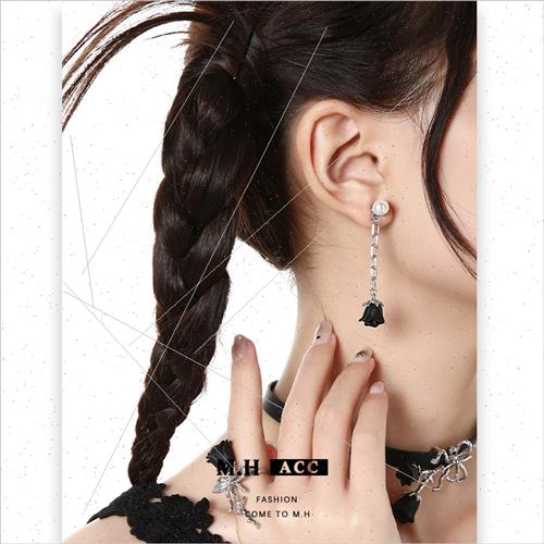 Rose pearl earrings female chain fashion wild 925 silver pin