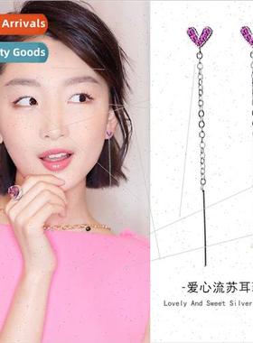Korea Fashion che Earrings Long Diamond Encrusted Heart Tass