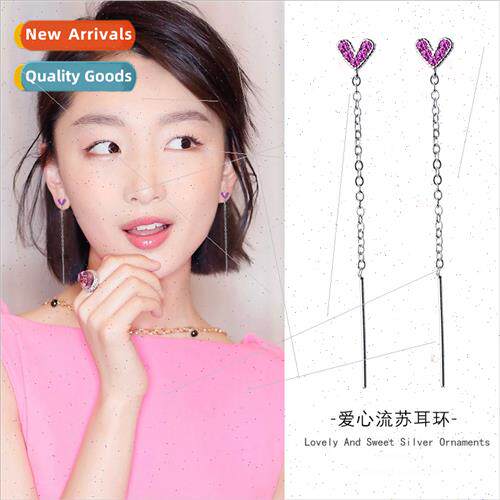 Korea Fashion che Earrings Long Diamond Encrusted Heart Tass