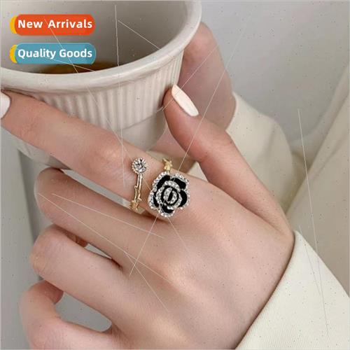 Gentle black camellia ring women French ins niche index fing