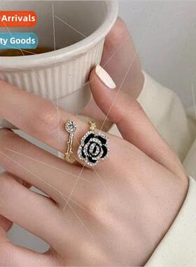 Gentle black camellia ring women French ins niche index fing