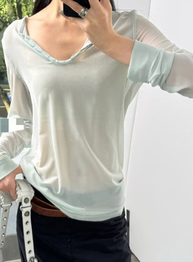 高品YB开 YY网眼微透修身V领T恤长袖叠穿打底衫女26早春新款