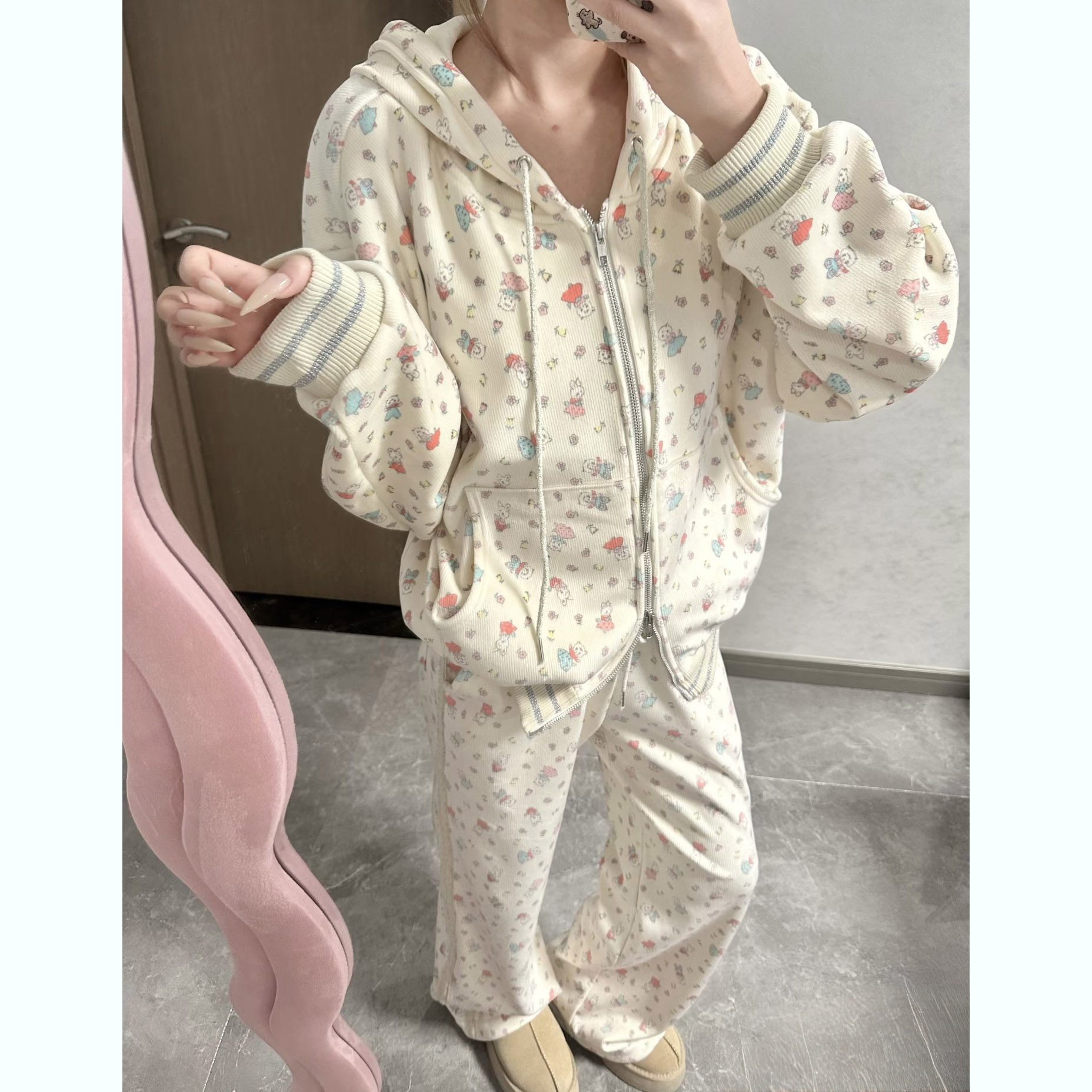 高品质 林娜琏同款Minj兔子印花蕾丝连帽外套卫衣长裤套装25秋冬