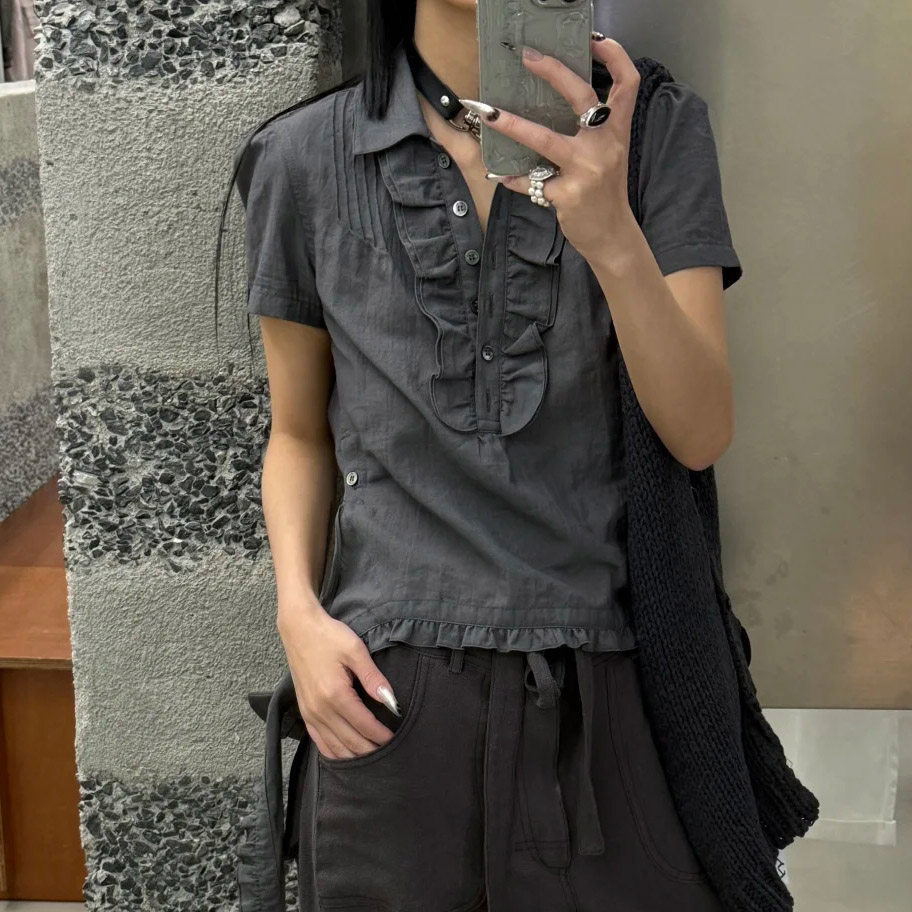 高品质 小众设计YY木耳边飘带翻领抽褶短袖衬衫上衣女25春夏新款