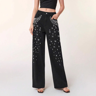 Loose straight-leg denim pants钉珠牛仔裤休闲宽松显瘦直筒长裤