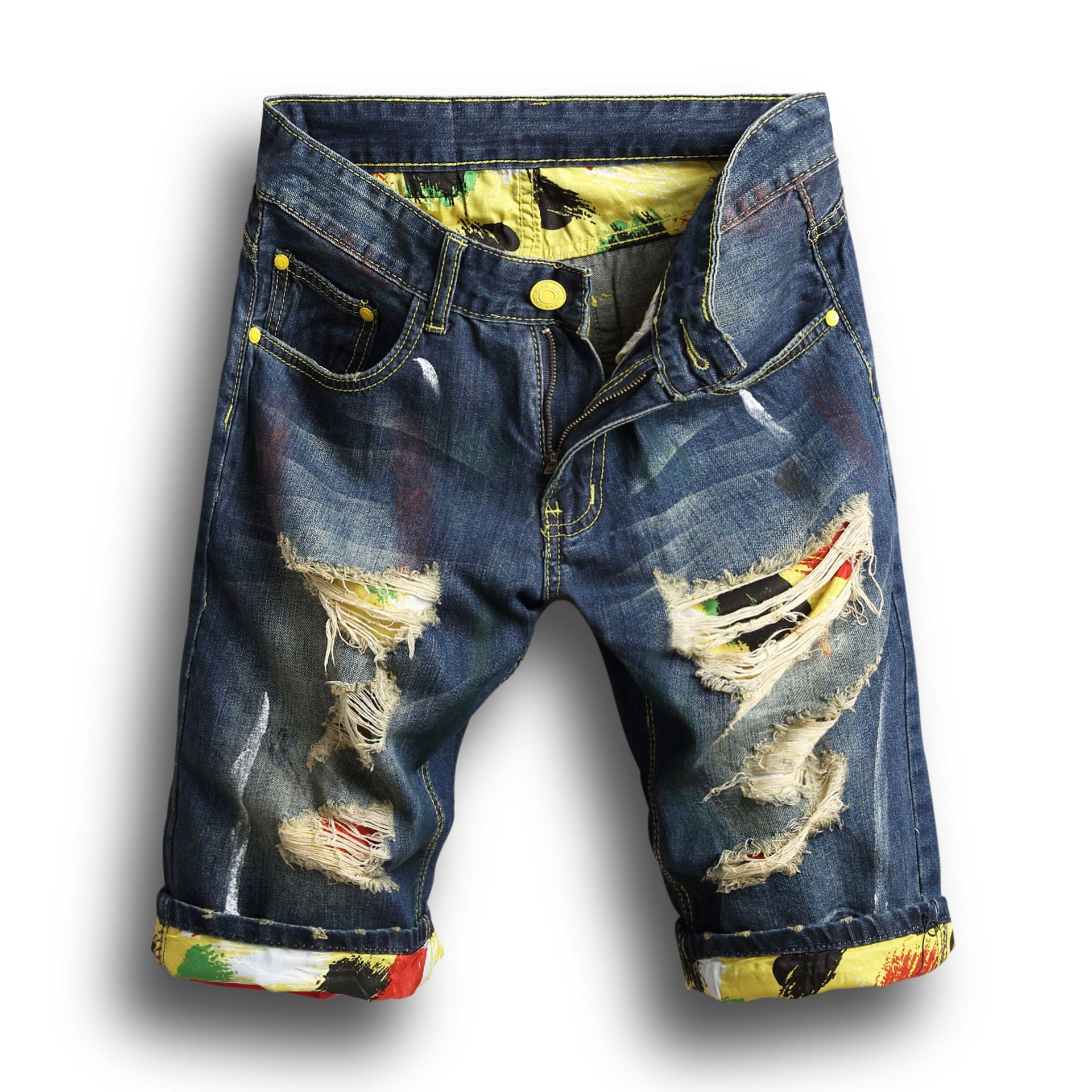 Men's trend ripped denim shorts 男式复古大码潮流破洞牛仔短裤