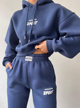 Fleece hoodie pantsuit秋冬爆款休闲长袖加绒连帽卫衣长裤套装女