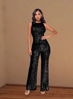 Sleeveless fitted one-piece pants 无袖亮片连身衣圆领修身长裤