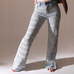 亮钻流苏直筒牛仔裤 Bright jeans街拍爆款 straightleg 女 diamond