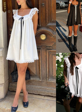 Belted backless lace short dress蝴蝶结露背蕾丝宽松娃娃裙短裙