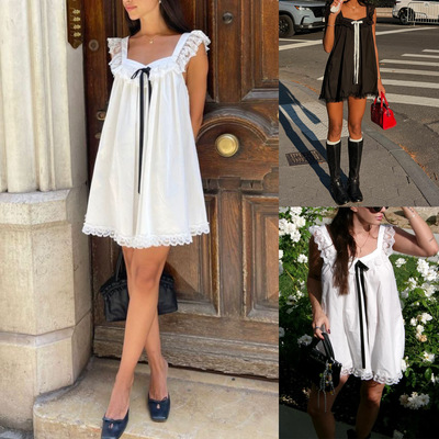 蝴蝶结露背蕾丝宽松娃娃裙短裙