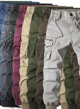 青年修身多口袋工装裤高腰小脚裤男 Men's multi-pocket overalls