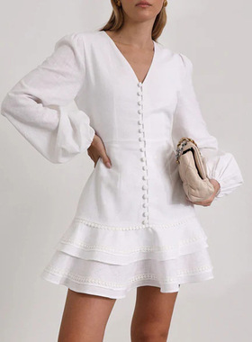 法式女装棉质长袖白色短款连衣裙Long-sleeved white short dress