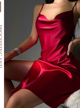 性感吊带丝绸睡裙夏季仿真丝露背睡衣 Sexy suspender nightdress