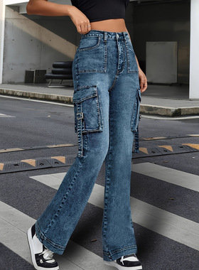 Workwear style slim-fit jeans工装裤美式个性高腰显瘦牛仔裤女