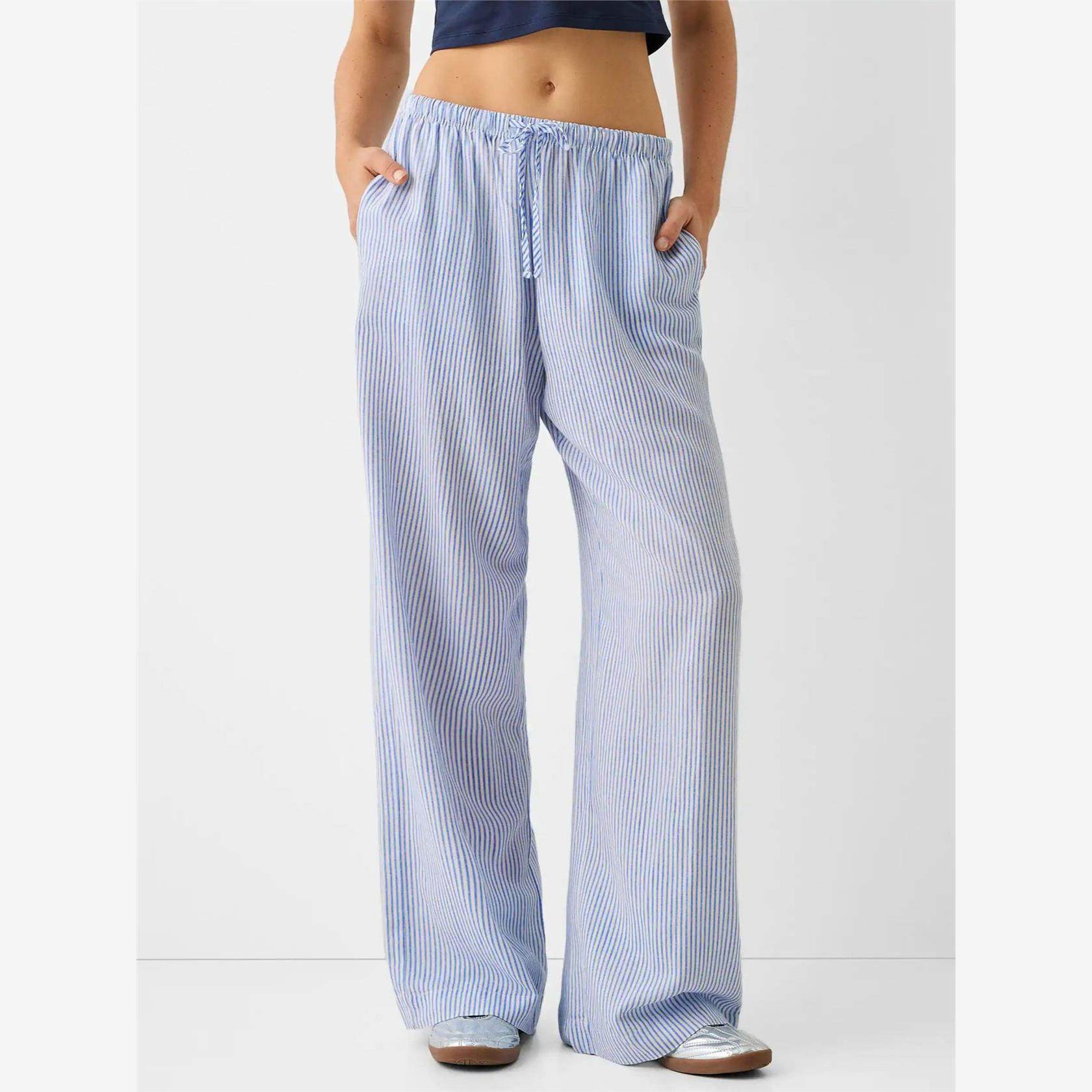 松紧腰休闲长裤条纹直筒裤