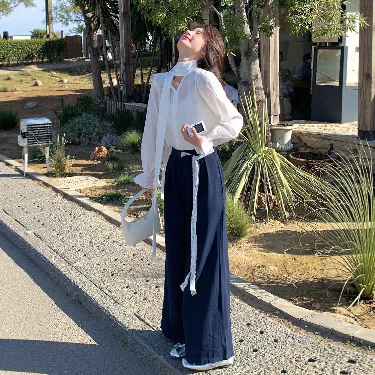 白色轻熟风花边领飘带衬衫套装女2026春季韩系小个子阔腿裤两件套,女装/女士精品,时尚套装,淘宝优惠券,粉丝福利购,淘宝优惠卷