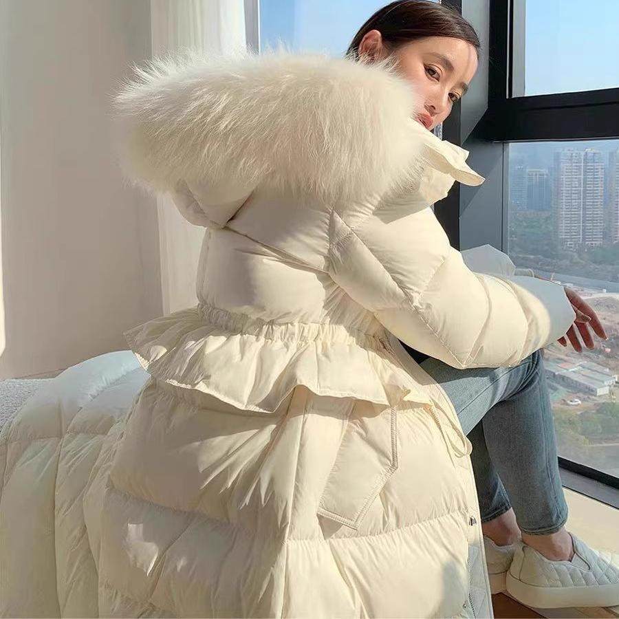 浪漫雪国！可拆毛领帽子收腰长款白鸭绒羽绒服女2025冬季外套新款