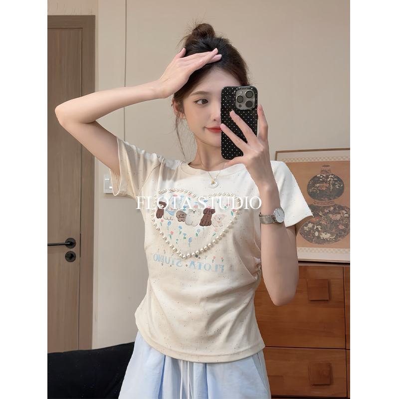 【flota】盐系爱心珍珠可爱小狗圆领别致短袖T恤女修身韩版上衣