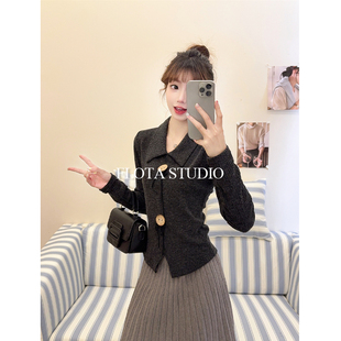 【flota】polo领气质小香风木质圆钮扣长袖针织女打底外穿上衣