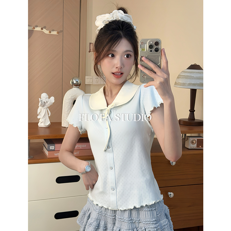 绑带娃娃领蓝色正肩针织短袖女