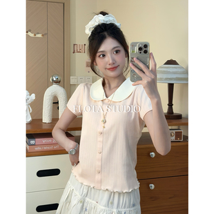 T恤女直筒爱心假纽扣上衣 正肩奶乖减龄娃娃领短袖 flota