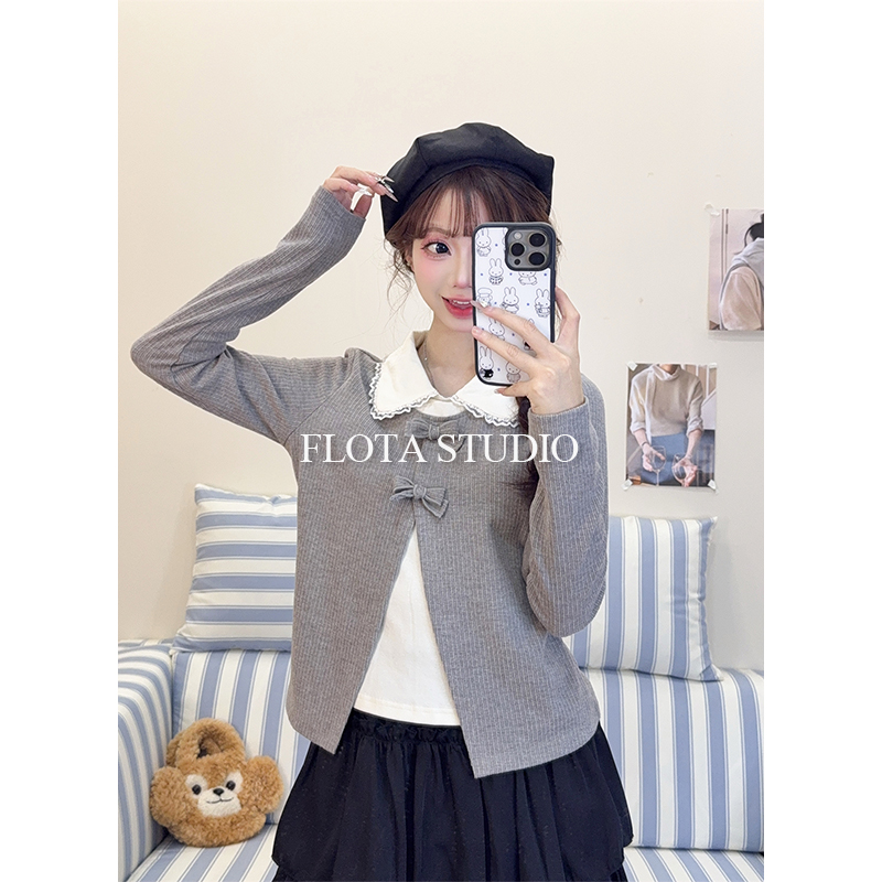 【flota】千金风蕾丝花边翻领长袖针织女蝴蝶结假两件正肩上衣