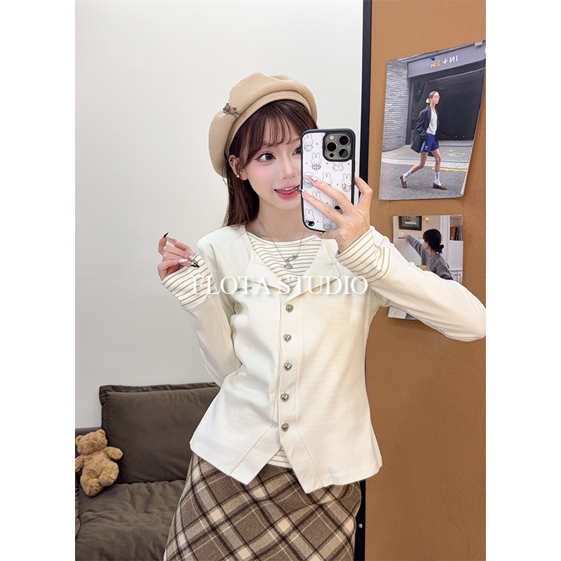 【flota】爱心纽扣条纹撞色假两件长袖T恤女知性风秋冬修身上衣