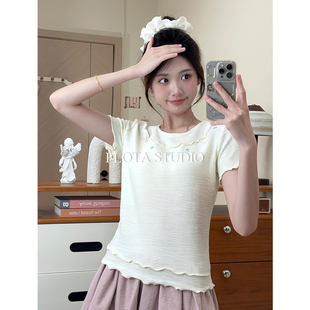 【flota】正肩彩色星星直筒木耳卷边设计短袖T恤女温柔奶杏色上衣