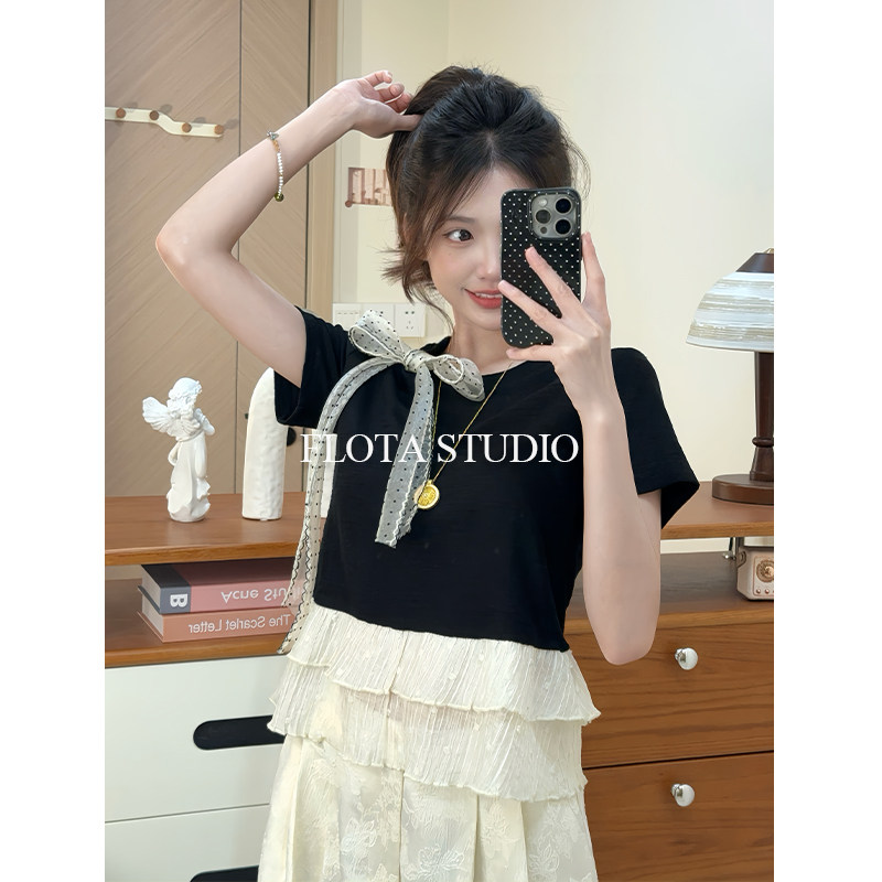 【flota】气质波点蕾丝绑带短袖T恤女软糯拼接下摆直筒上衣1484