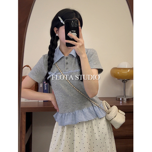 T恤女重工小众显瘦上衣 格纹POLO领竖坑纹针织短袖 flota