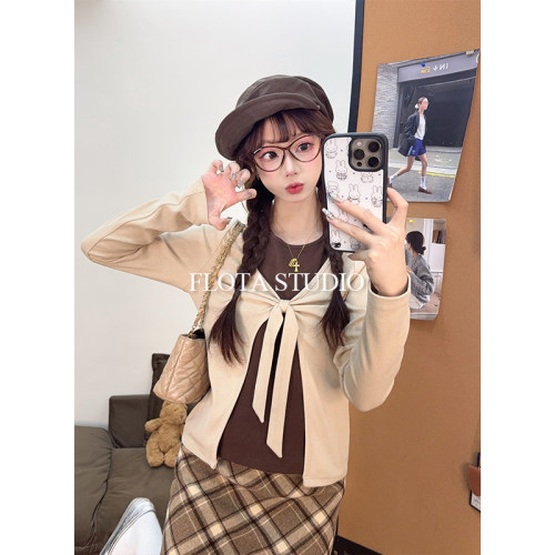 【flota】气质复古风蝴蝶结扭结设计感长袖针织T恤女假两件上衣