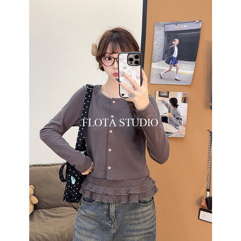 【flota】甜辣风假两件波点荷叶边长袖T恤修身显瘦设计感上衣2748