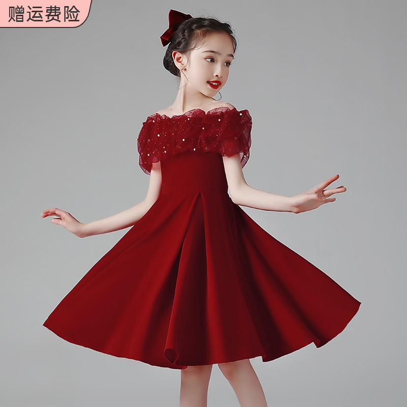 女童主持人礼服公主裙儿童洋气高端钢琴演奏演出服红色周岁晚礼服