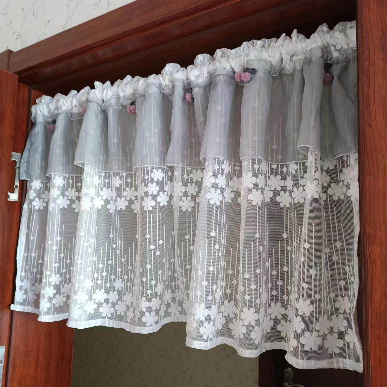 蕾丝小窗帘厨房半帘魔术贴免打孔橱柜帘门帘飘窗帘纱穿杆帘头,居家布艺,成品窗帘,淘宝优惠券,粉丝福利购,淘宝优惠卷