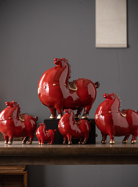 招财红色唐马摆件中式家居客厅办公室装饰工艺品开业送礼高档礼品