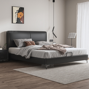 CBD真皮床意式极简轻奢软包双人大床小户型主卧高端现代简约黑色