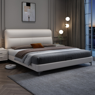 CBD真皮床头层牛皮网红奶油风小户型主卧双人床现代简约次卧储物