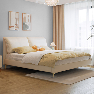 CBD简约现代轻奢网红真皮床双人主卧奶油风系白色女孩大象耳朵软