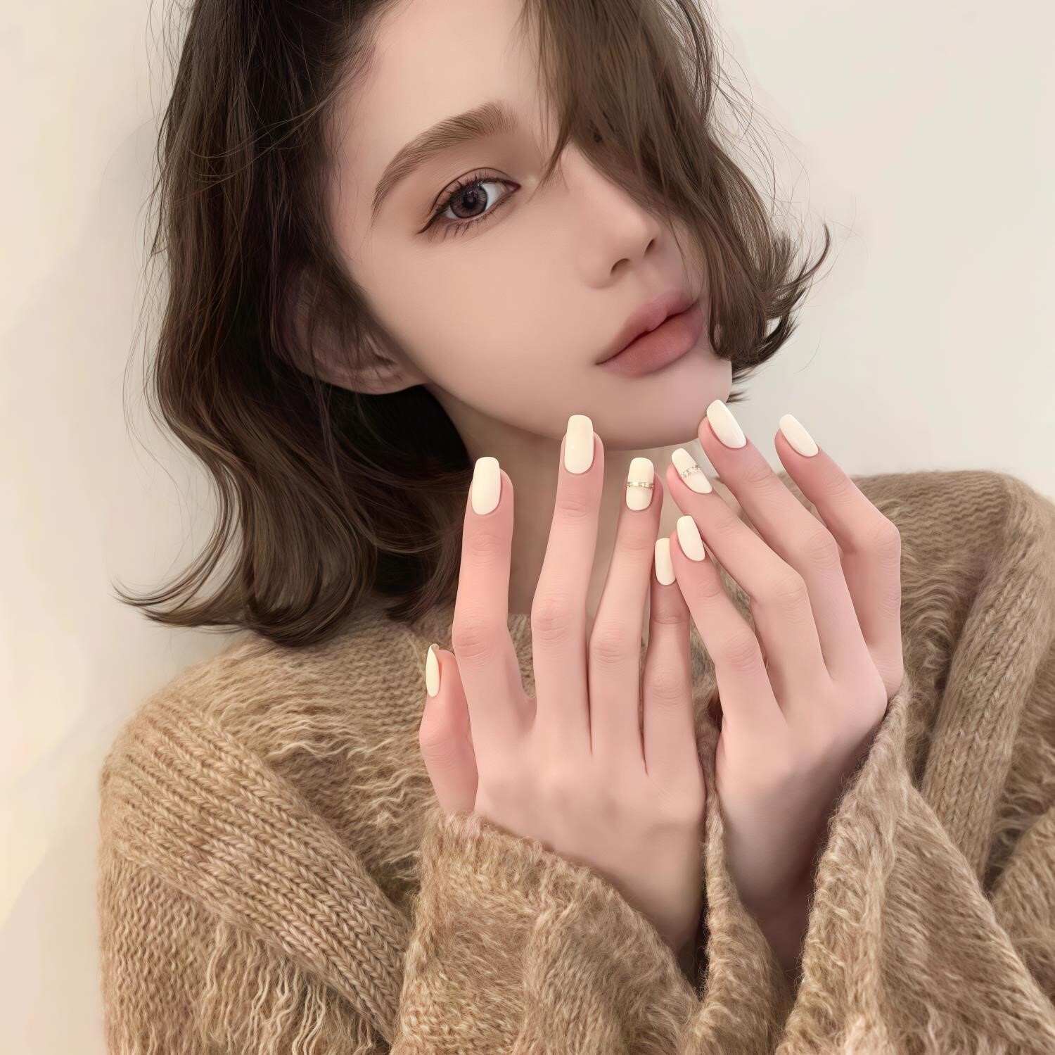 2026新款纯手工穿戴甲奶白线条成品光疗美甲贴片假指甲显白小红书