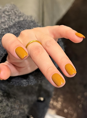日系秋冬假指甲贴片姜黄色简约单色手工光疗美甲成品可穿戴甲短款