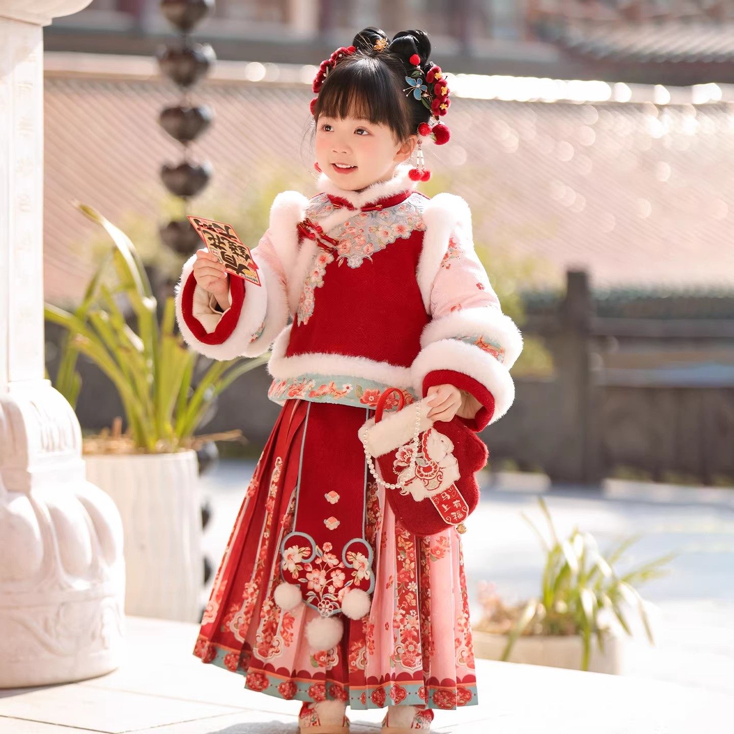 女童中国风汉服冬季唐装加厚过年服红色刺绣马面裙套装新年拜年服