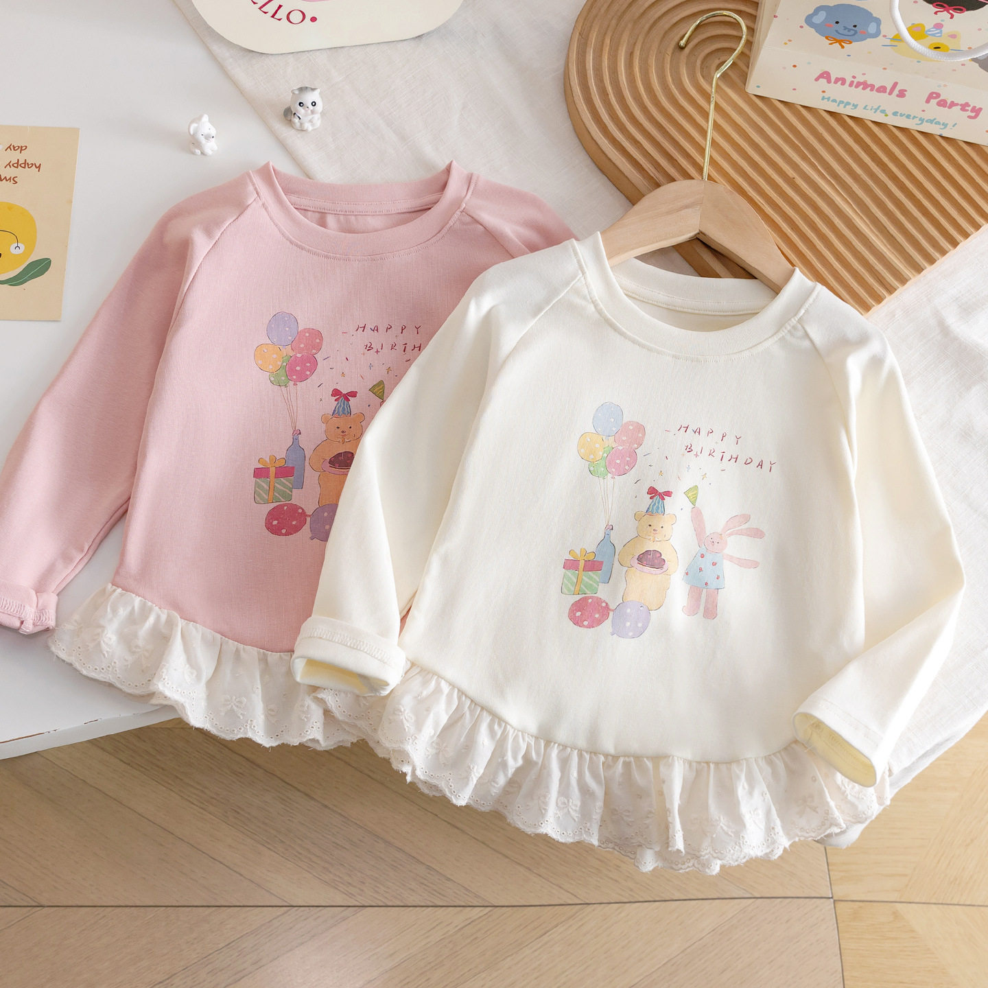 女童长袖纯棉t恤新款印花花边上衣春秋装女宝宝打底衫百搭内搭新