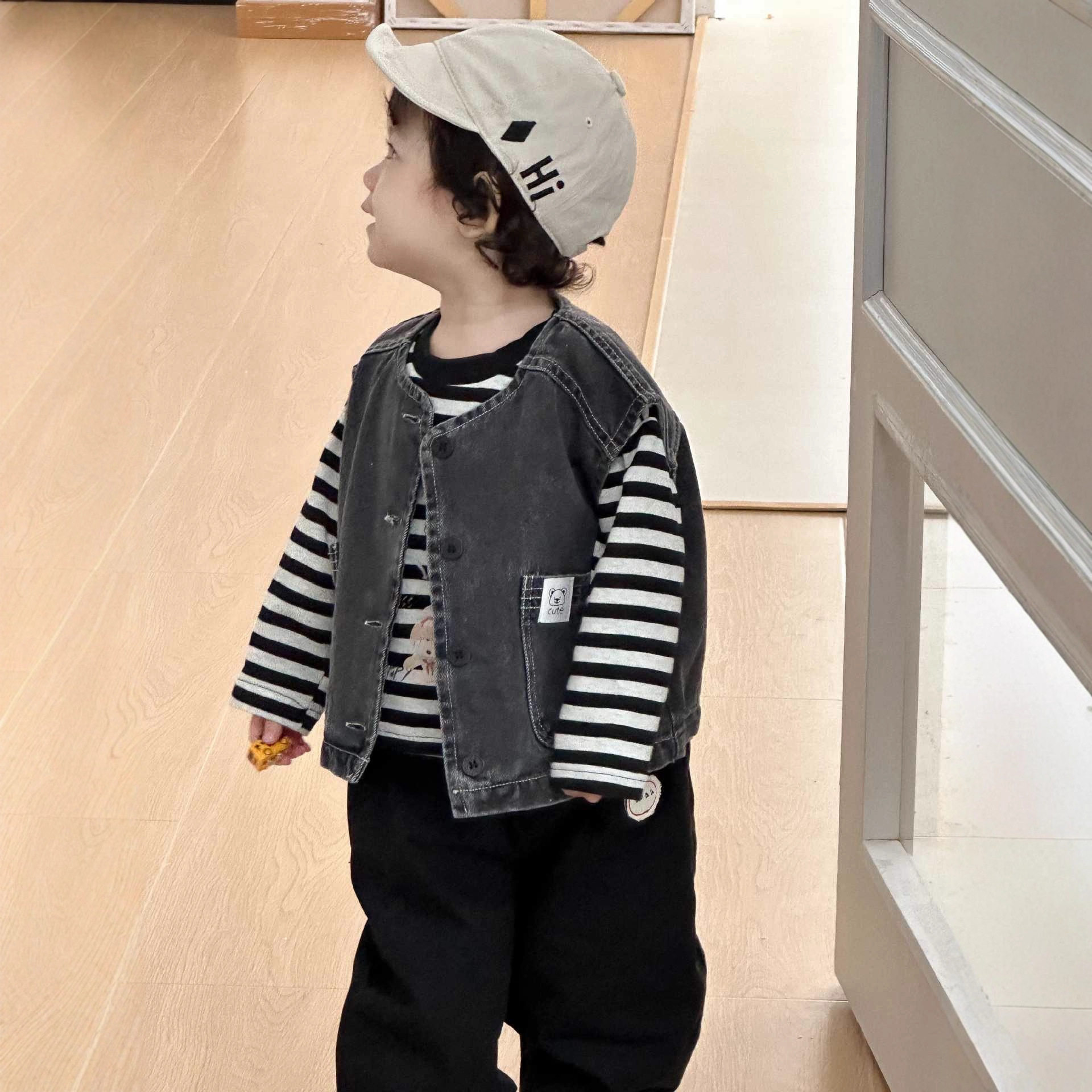 儿童牛仔马甲外套2026春款新品韩版童装宝宝衣服男童条纹卫衣套装