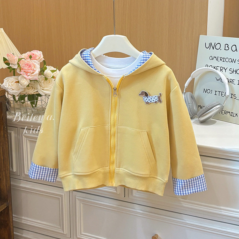 儿童春秋季新款卡通刺绣小狗连帽男童女童拉链可爱百搭卫衣外套潮