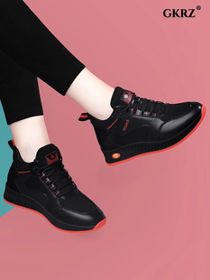 防滑旅游增高跑步鞋 皮面运动休闲鞋 女2025年秋冬百搭软底黑色女鞋